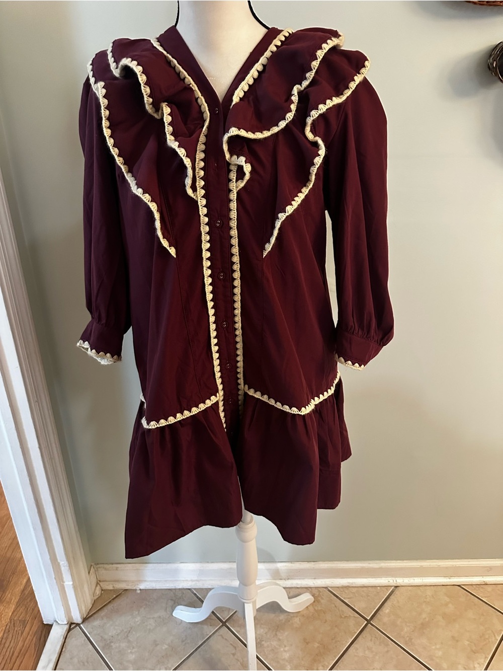 entro Burgundy Ruffle-Trim Dress with Cream Accents